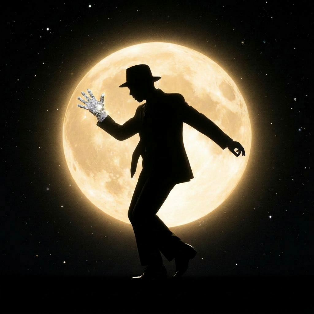 Silhouette moonwalking in front of a bright glowing ring